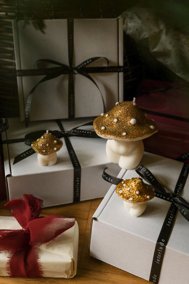 Glittery Mushrooms Candles in Gold - Trio